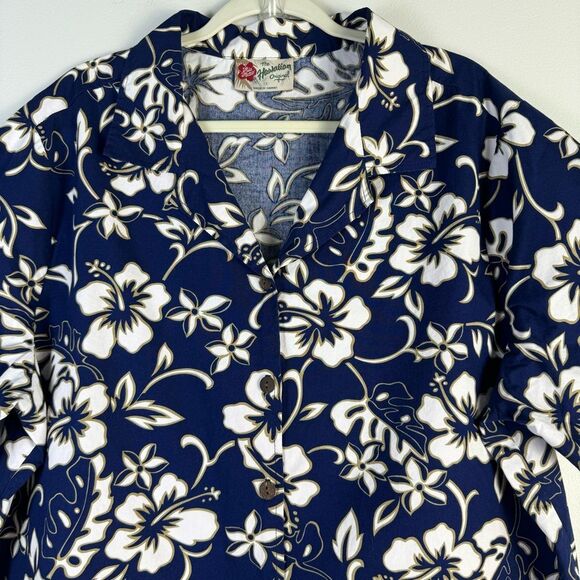 Hilo Hattie Hawaiian Shirt Navy Blue White Tan Floral Bold Button Front Shirt 1X - Picture 3 of 12